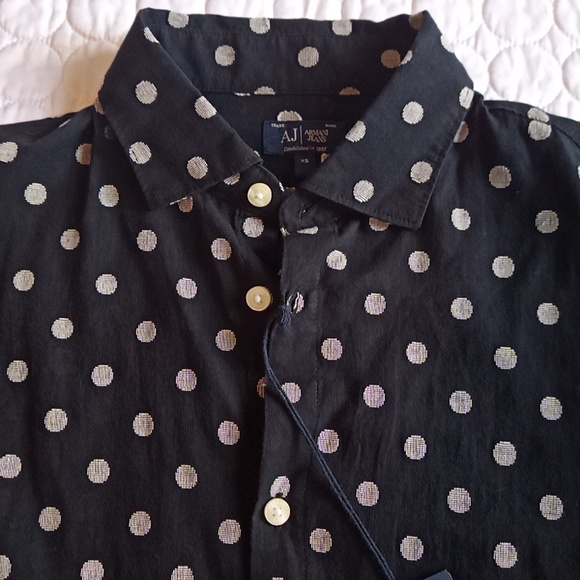 NWT New Armani Jeans $195 Navy White Linen-look Polka Dot button up shirt XS (4) - Picture 2 of 11